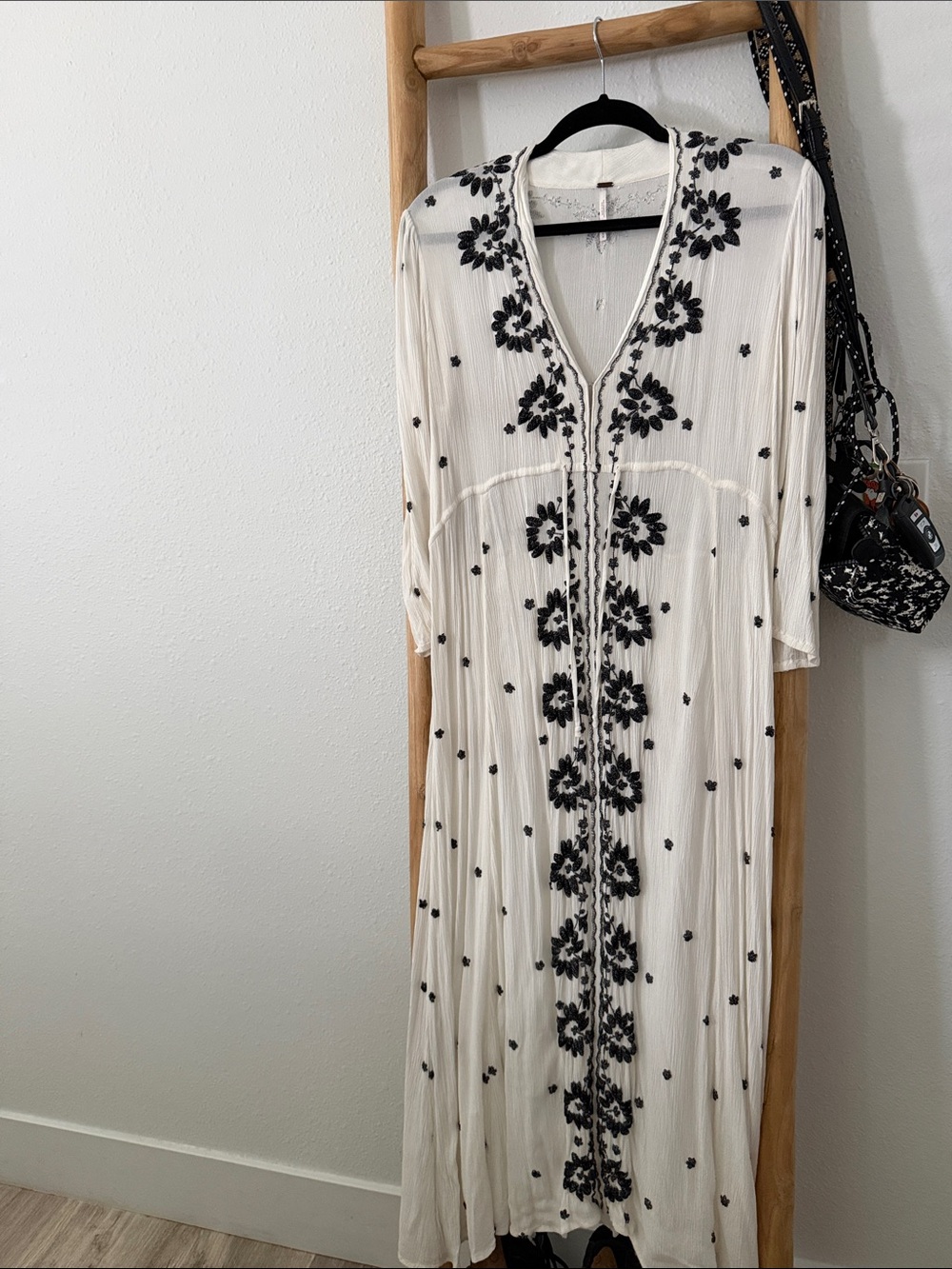 Free People Cream Maxi Dress with Black Floral Embroidery